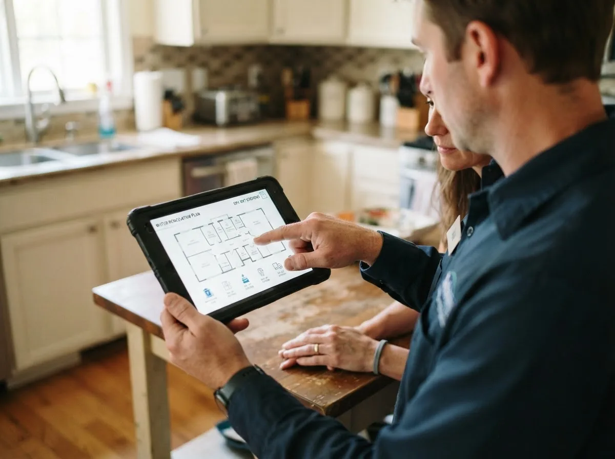 Water damage restoration technician inspecting a home in Hestand, KY